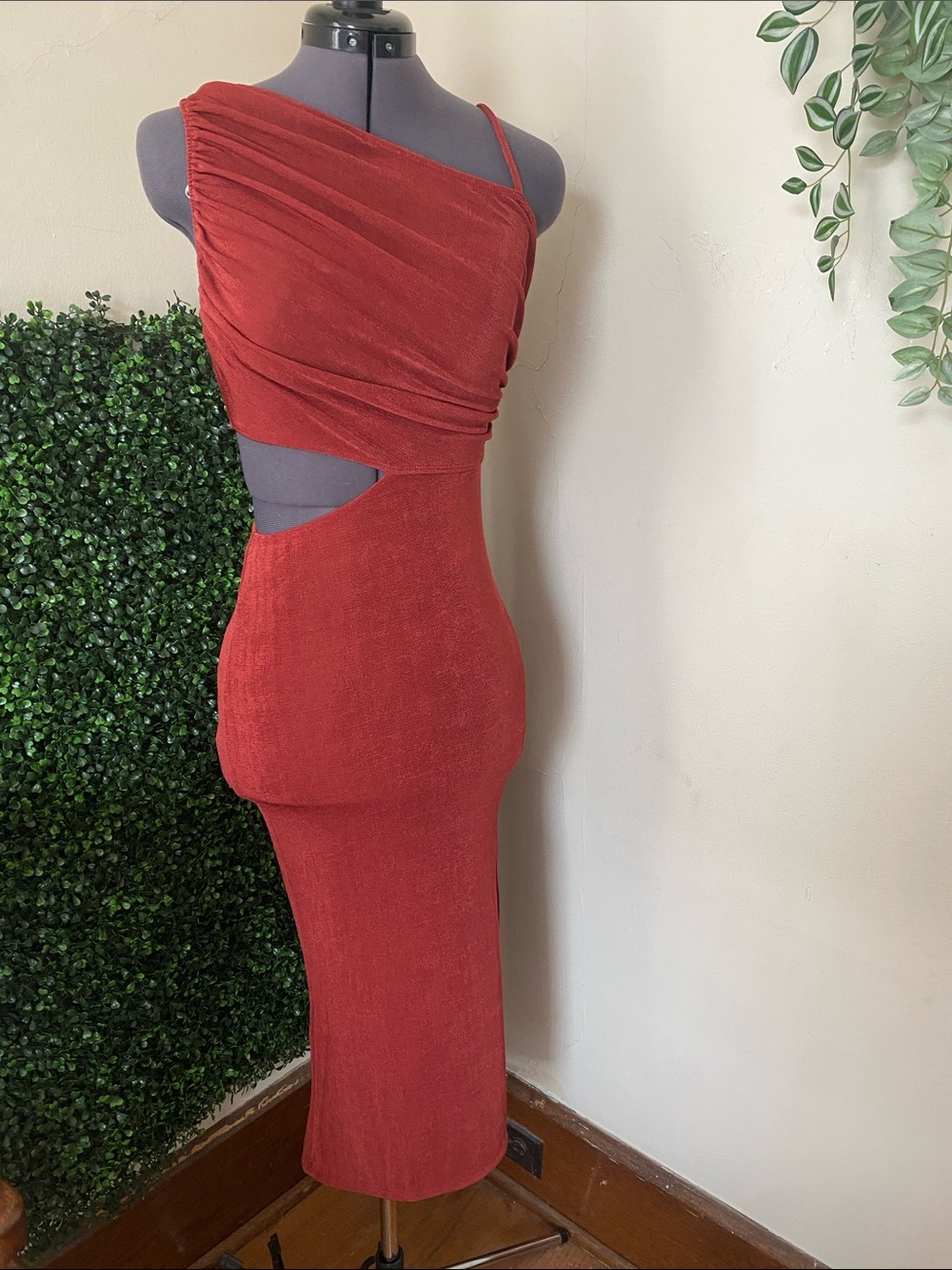 Hello Molly Rust One-Shoulder Cutout Midi Dress